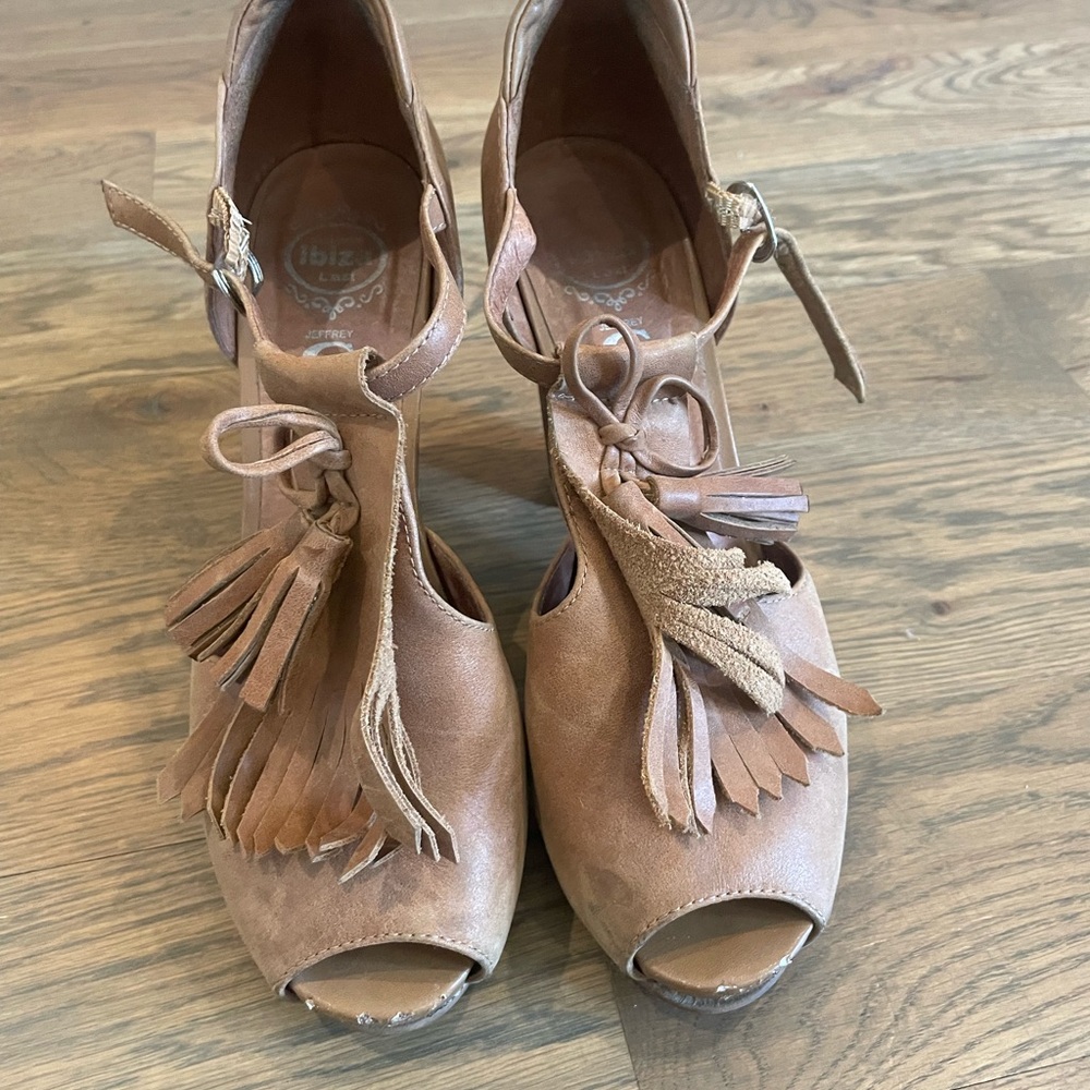 Jeffrey Campbell Tan Fringe Peep-Toe Heels